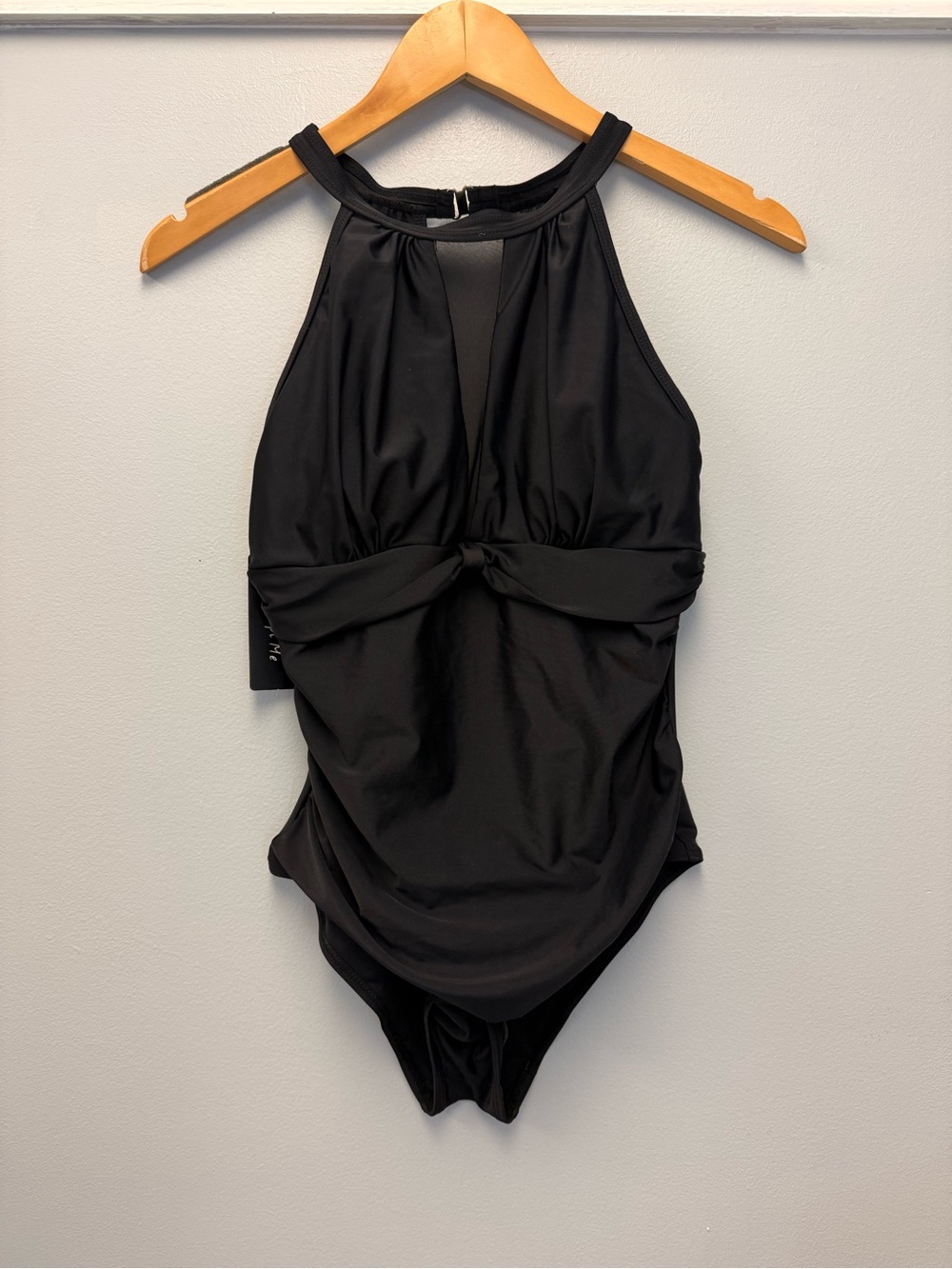 Tempt Me High Neck Mesh Detail Ruched Midsection Black Swimsuit Size M